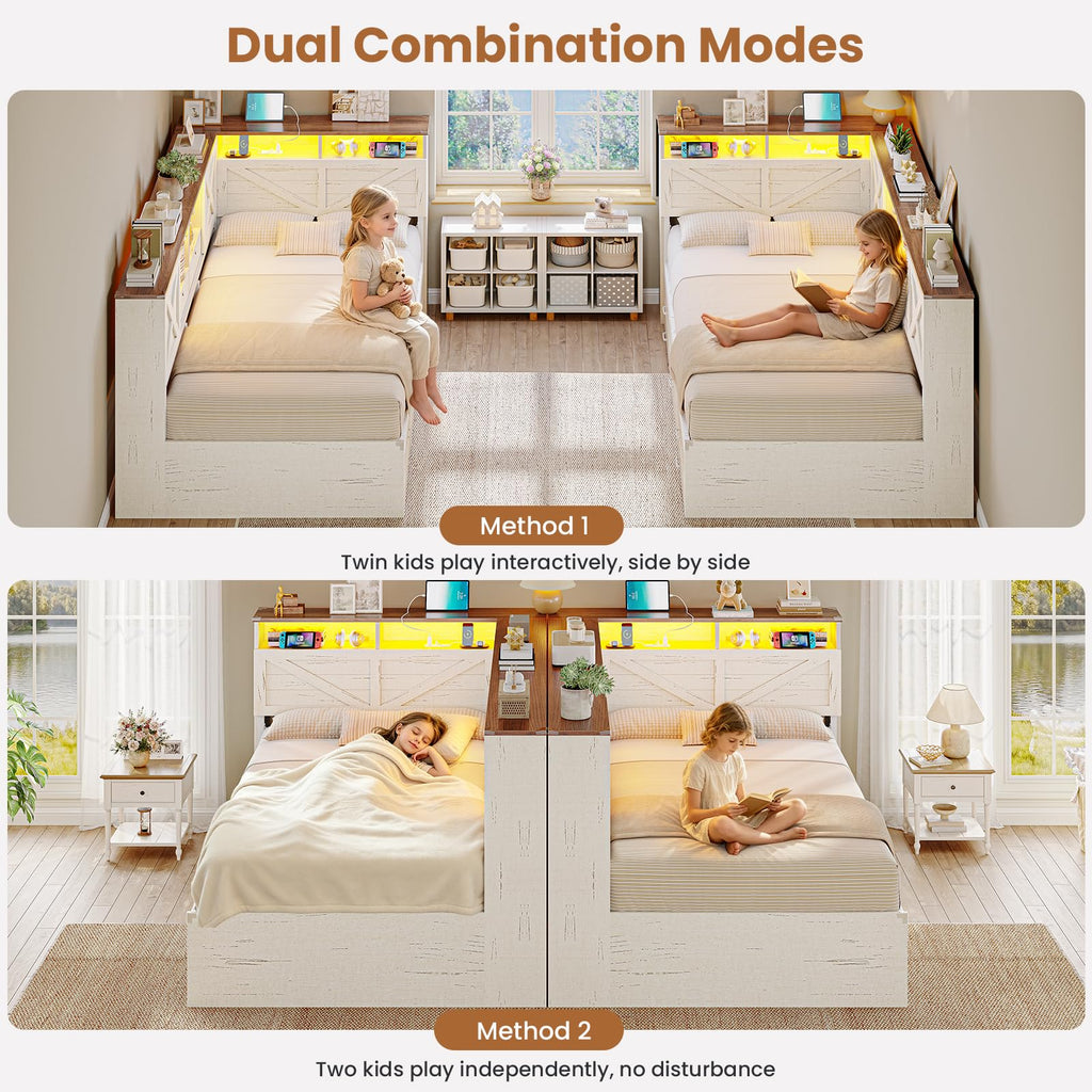 Farmhouse Corner Bed with 7 Drawers & Sliding Doors, White