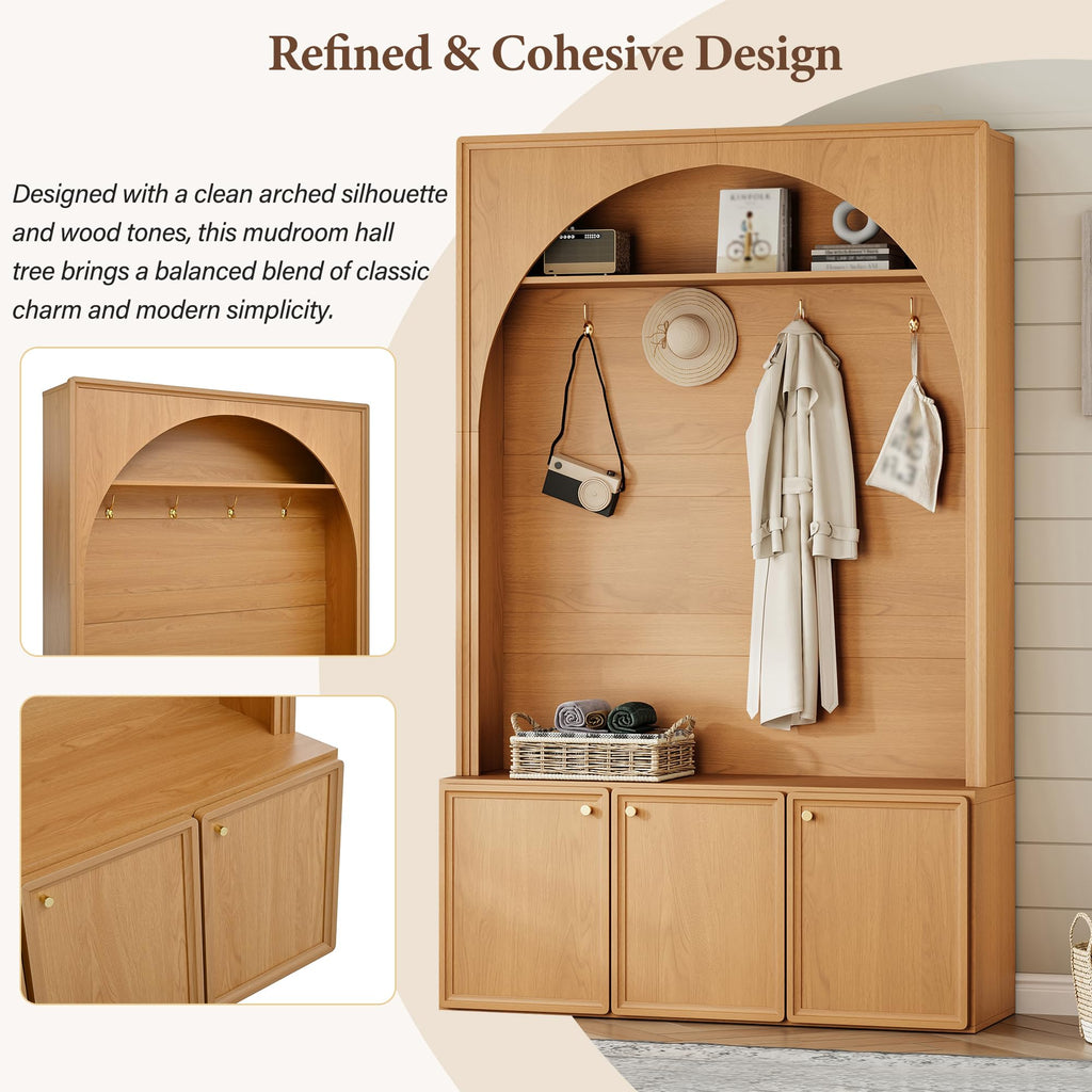 Farmhouse Hall Tree with Storage Bench, 48.7" Arched Entryway Coat Rack Organizer with 4 Metal Hooks, 3 Cabinets