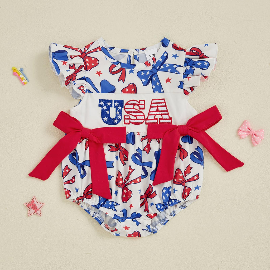 My First 4th of July Baby Girl Outfit Infant Smocked Bubble Romper Fly Sleeve Embroidery Flag Newborn Summer Clothes