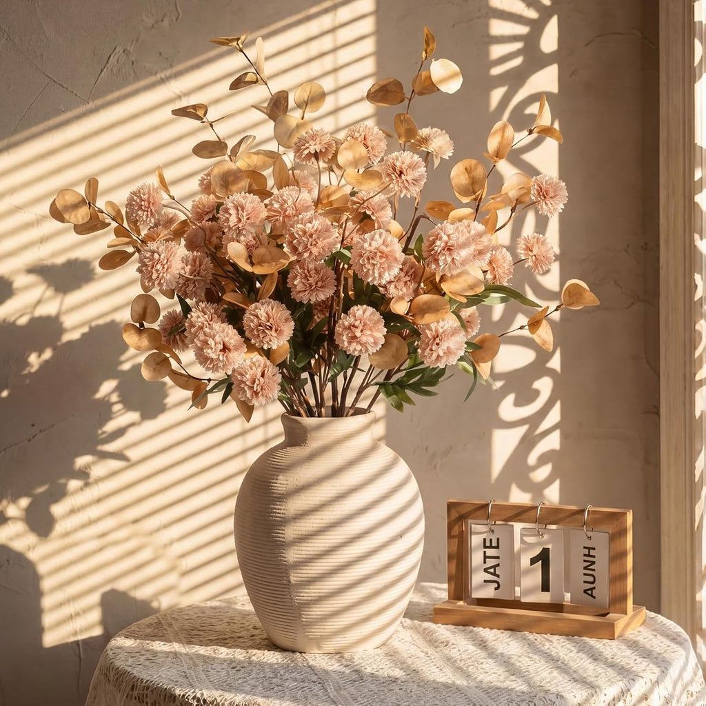12 Stems of Artificial Flower with 7.5 Inch Rustic Ceramic Vase Vintage Vase Mums Kiku Eucalyptuses Floral