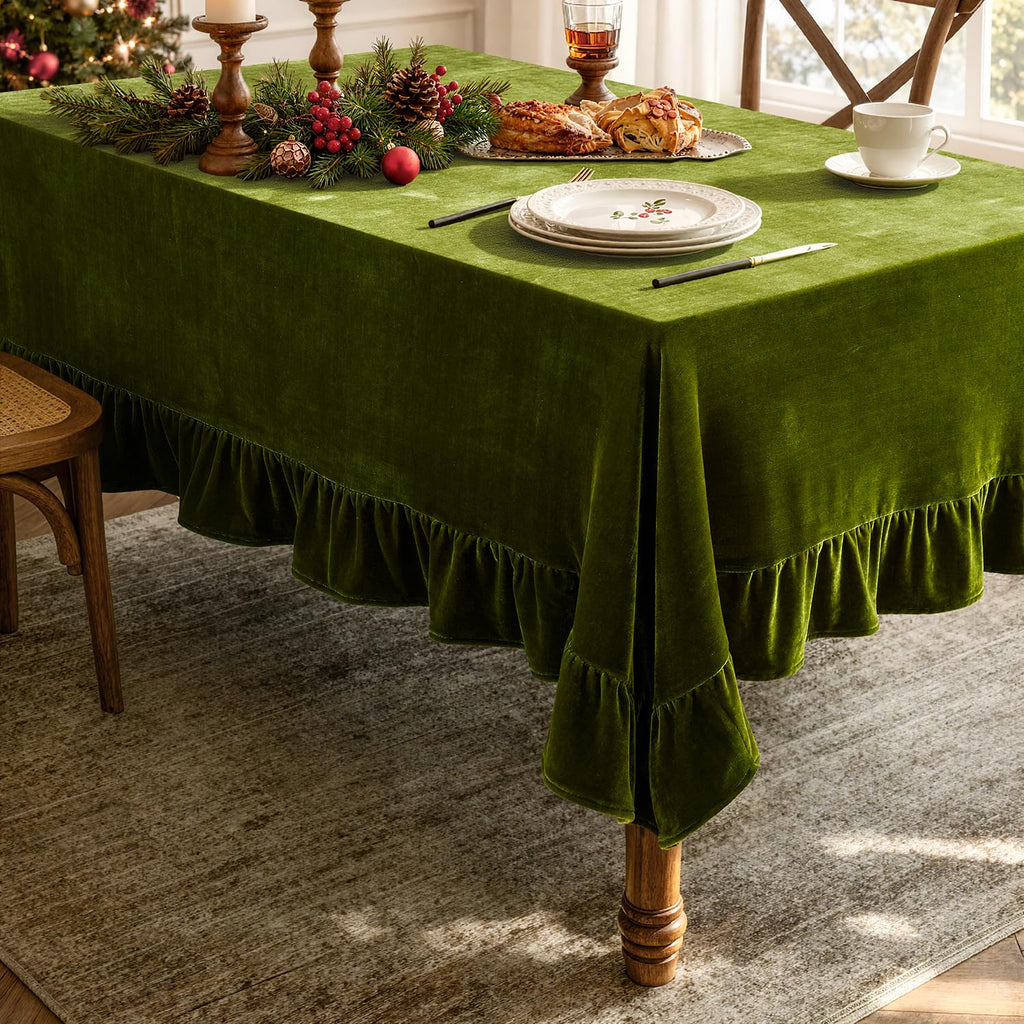 Rectangle Velvet Ruffle Tablecloth 60x102 Inch Christmas Olive Green