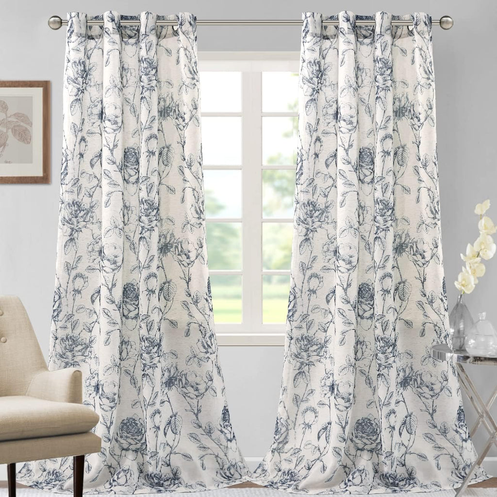 Boho Floral Linen Curtains, Semi Sheer Light Filtering Curtain, Drapes 108 Inch Length 2 Panels Set, Grommet