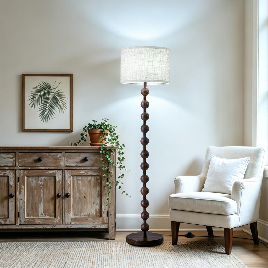 62" Farmhouse Floor Lamp with Remote, Dimmable Standing Lamp, Walnut Grain
