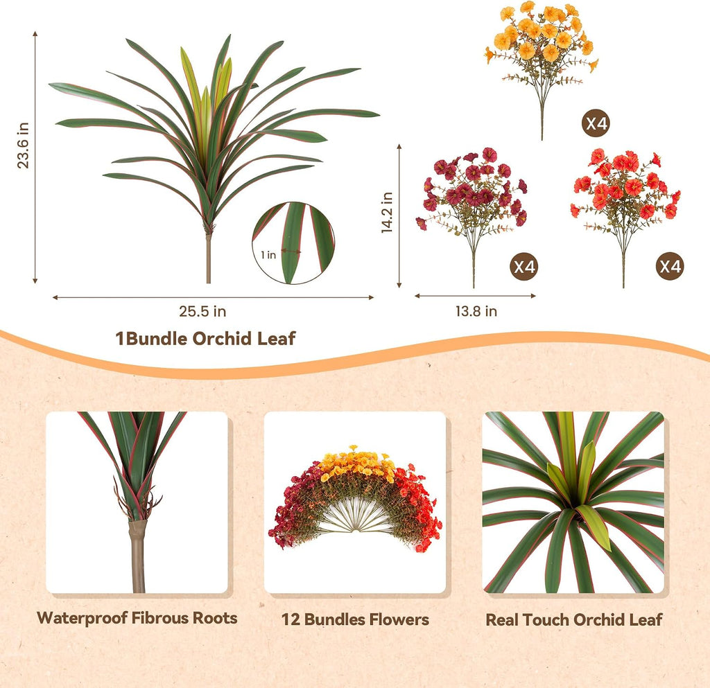 Artificial Fall Flowers UV Fake Orchid Plant Mum for Outdoors Decor - Set of 12