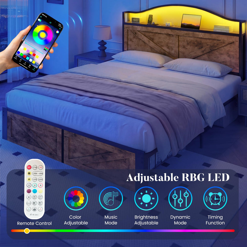 Bed with Farmhouse Storage Headboard, Bed with 2 Storage Drawers and Fast-Charging Station and Led Light