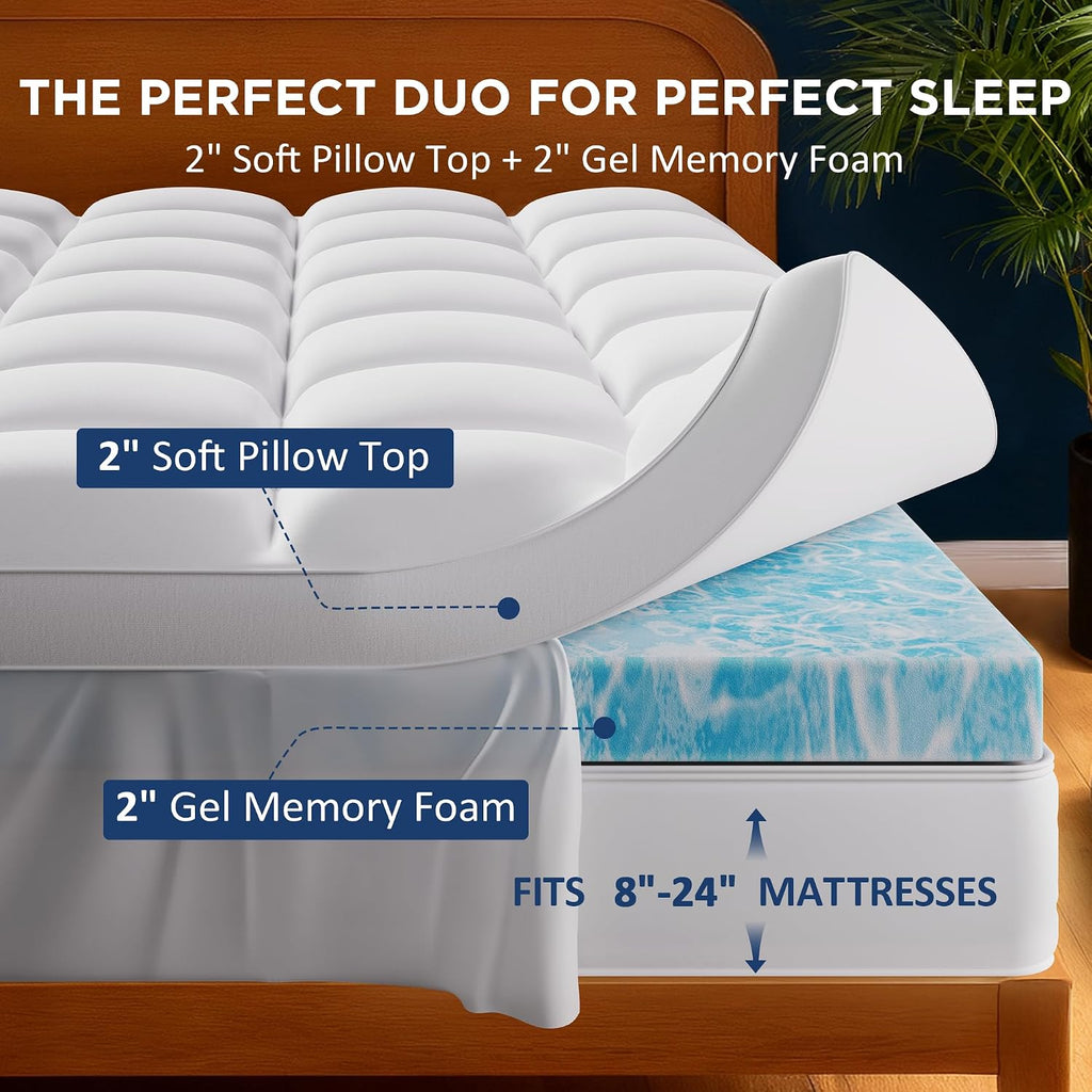 Queen Size Dual Layer 4 Inch Memory Foam Mattress Topper | 2 In Cooling Gel Memory Foam and 2 In Washable Soft Pillow
