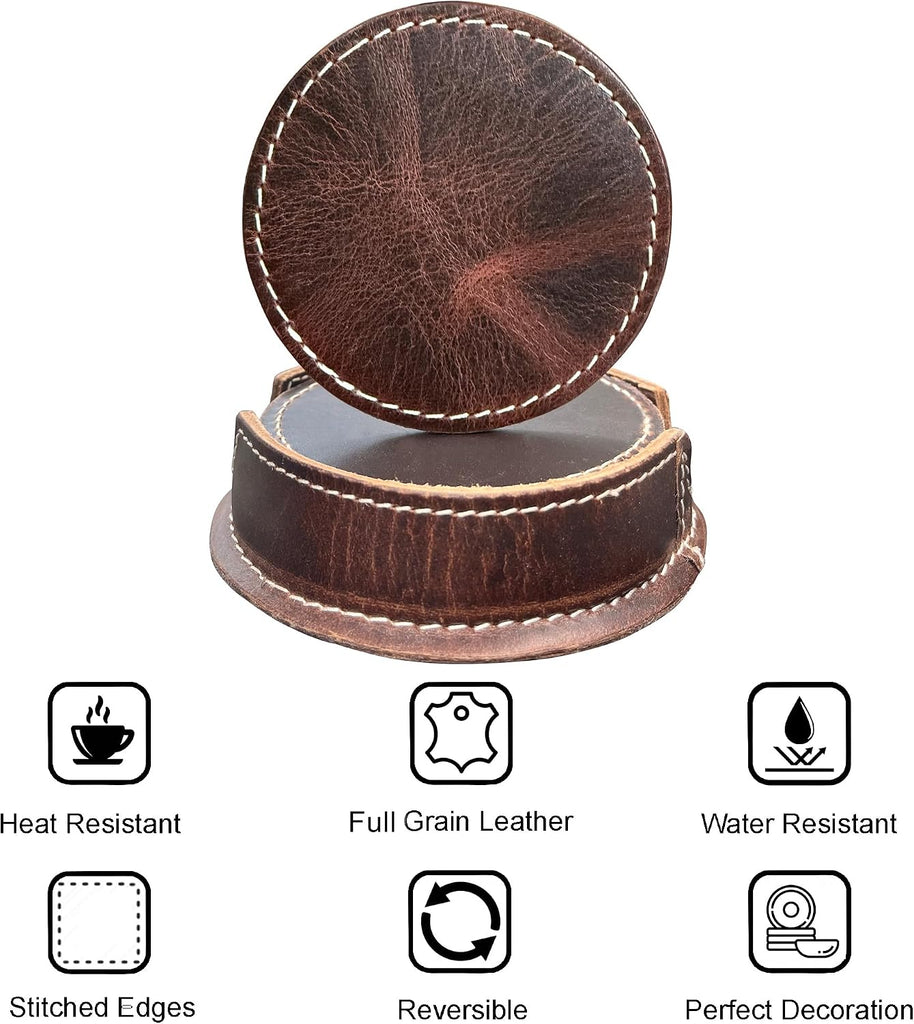Leather Coasters for Drinks with Holder, Round, Dark Brown - Set of 6
