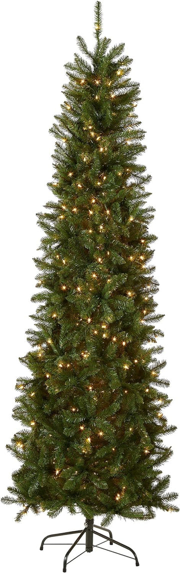 Tree Company 7.5ft Pre-Lit Kingswood Fir Slim Christmas Tree | 350 Clear Lights, 1,075 Tips, Includes Stand