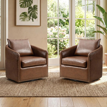 Degree Swivel Accent Chair Set of Two with Plump Back Pillow, Waterproof Oil Waxed PU Leather Swivel Armchair - Set of 2