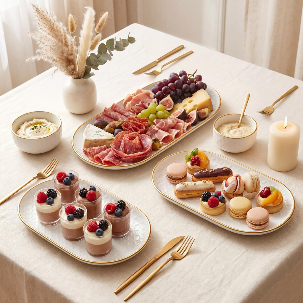 Gold Rim Ceramic Serving Platter 16"/14"/12" Decorative White Gold Serveware for Parties Entertaining Elegant Serving