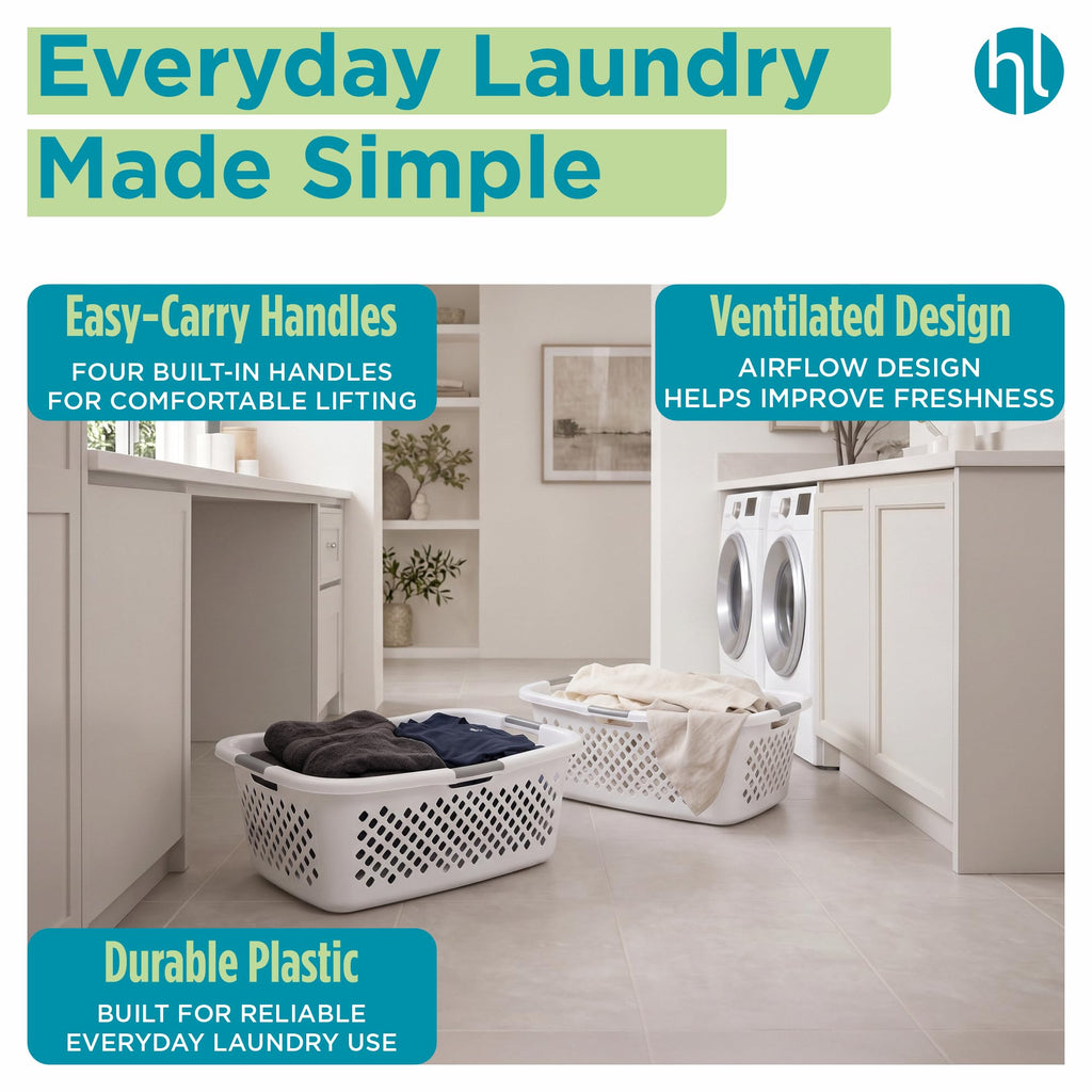 1.5 Bushel Plastic Laundry Basket Front Load, Large Laundry Hamper with Handles, Ventilated Clothes Organizer