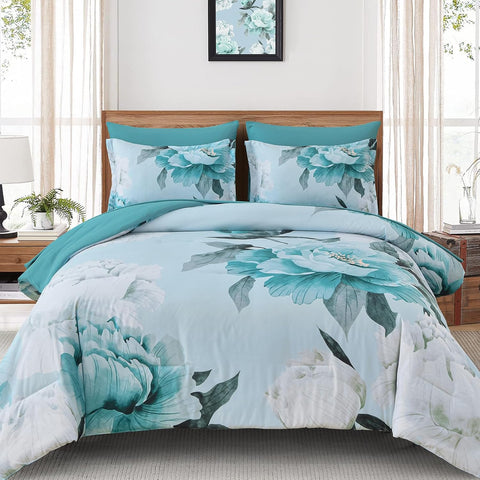 Dobuyly Floral Comforter Set Full 7 Piece Bed in a Bag, Aqua Flowers Printed on Light Blue Comforter Set with Sheets