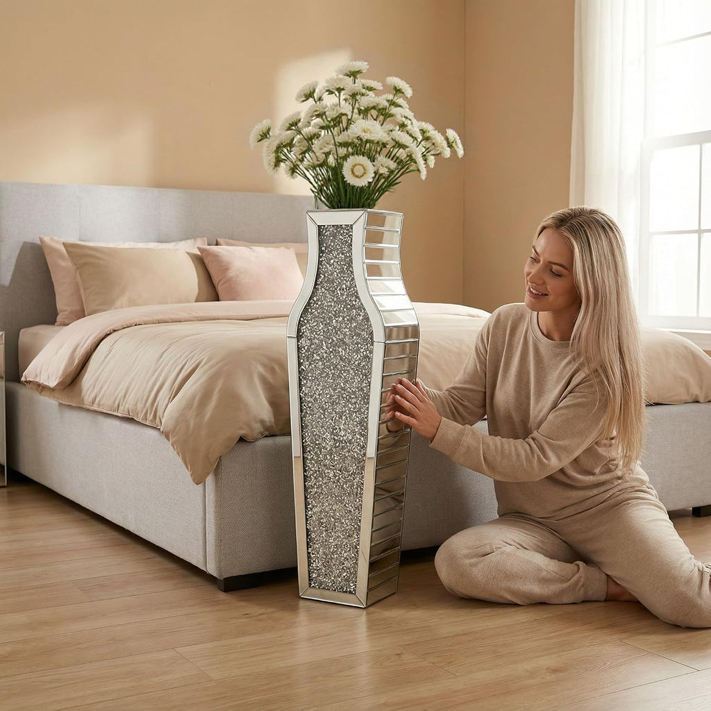 30" Large Double Sided Crushed Diamond Vases,Tall Silver Mirrored Vase for Floor,Big Crystal MirrorDecorative Vase