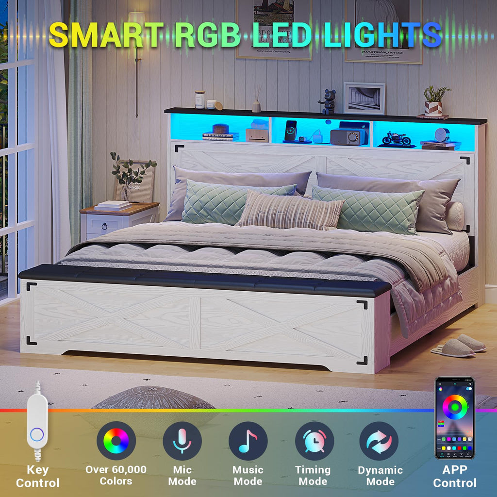 Bed Frame with Storage Ottoman, Farmhouse Bed Frame with Charging Station and Led Light, Headboard with