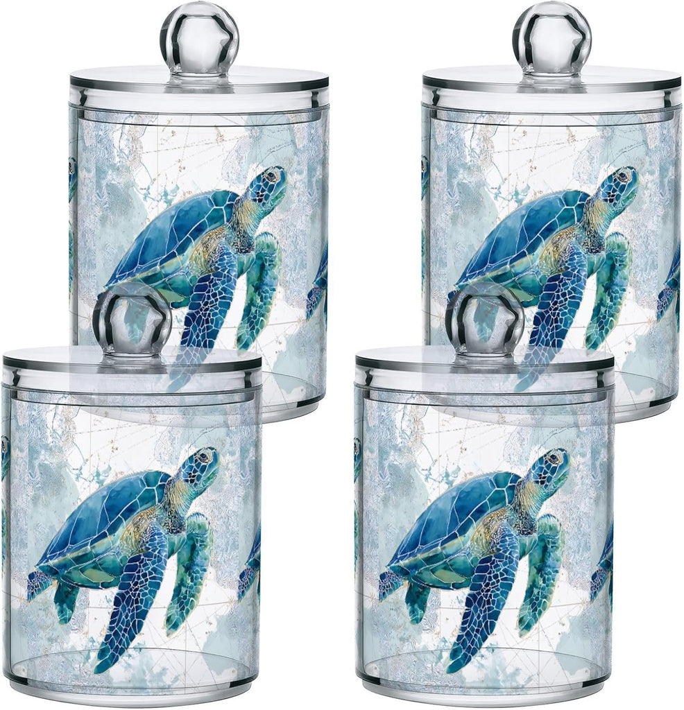 Sea Turtle Pattern Apothecary Jars with Lid, 10 Oz Clear Plastic Apothecary Jar Set Qtip Holder Storage - Set of 2