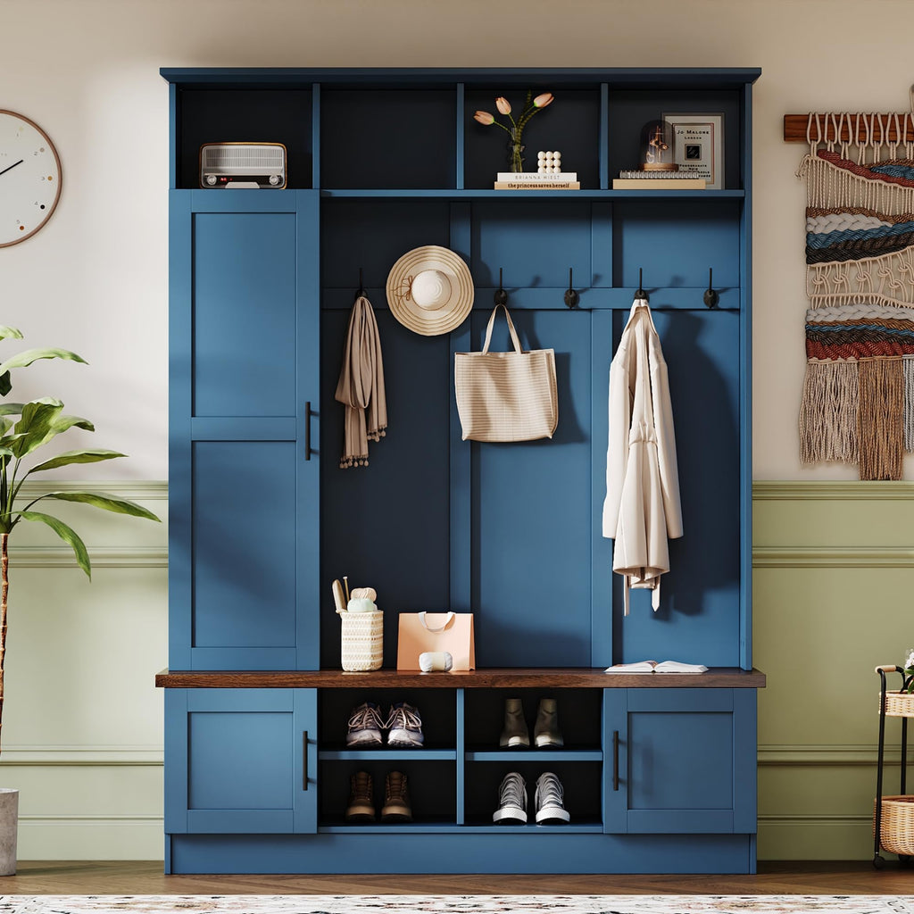 Farmhouse Versatile Wood Hall Tree 6 Hooks and Shoe Bench, Blue