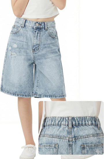Girls Shorts Elastic Waist Jorts Denim Jean Shorts Ripped Knee Length Bermuda Shorts for Kids Teen Girls Summer