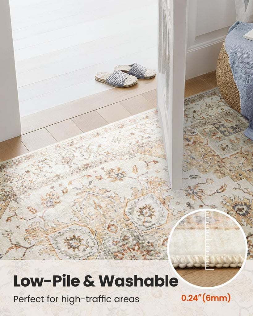 Washable Runner Rug, Beige, Vintage Style
