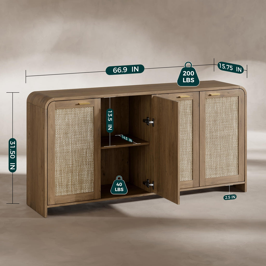 67" Rattan Sideboard Buffet Cabinet with Storage, Caramel Oak