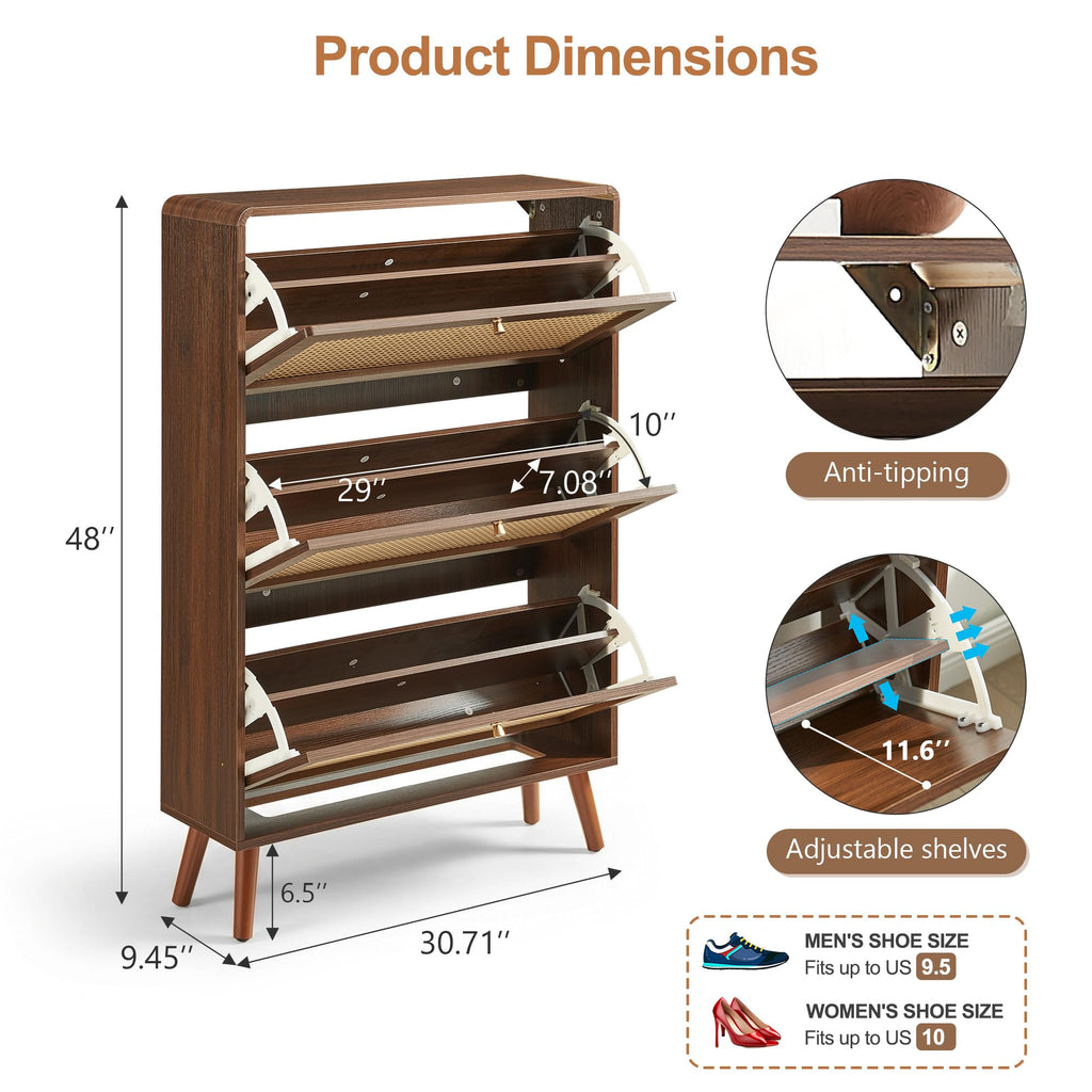 Rattan Shoe Cabinet with 3 Flip Drawers, Walnut Slim Shoe Storage