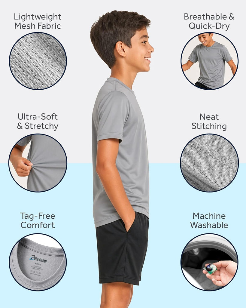 Boys Athletic Shirts 6 Pack Dry Fit Short Sleeve Boys Tshirts Basketball Baseball Soccer Tee Kids Youth & Teens