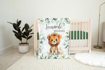 Safari Animals Baby Blanket Personalized with Name, Personalized for Boys, Jungle Zoo Greenery Leaves Custom Toddlers