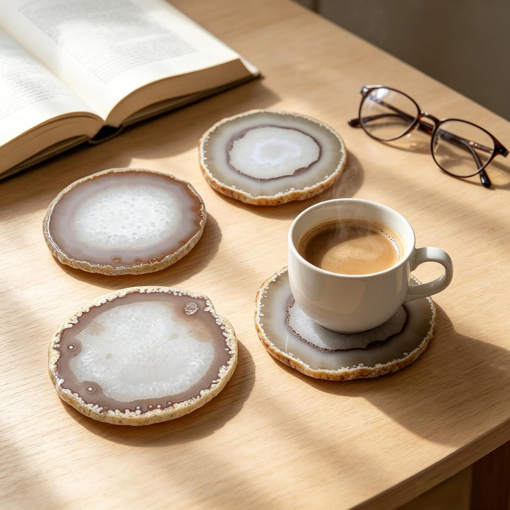 Agate Coasters Geode Agate Sliced Cup Mat 3-4'' Natural Color Polished Coasters with Rubber Bumper for Drinks - Set of 4