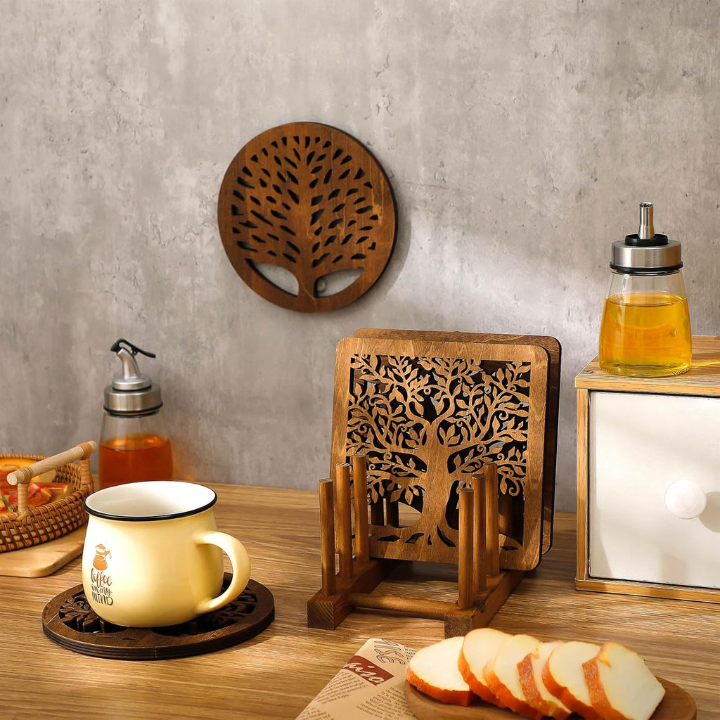Life Tree Wooden Trivets with Storage Rack Hot Pads Trivets for Hot Dishes Pots and Pans Heat Resistant Mat Set - Set of 5