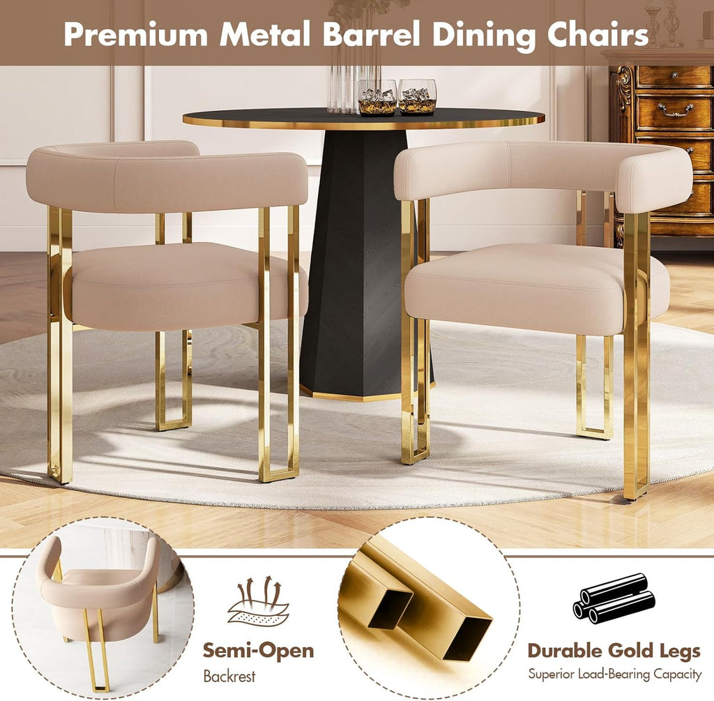 Velvet Dining Chairs Set of 4, Khaki Upholstered Barrel Armchairs with Gold Metal Legs for Kitchen Island, Mid