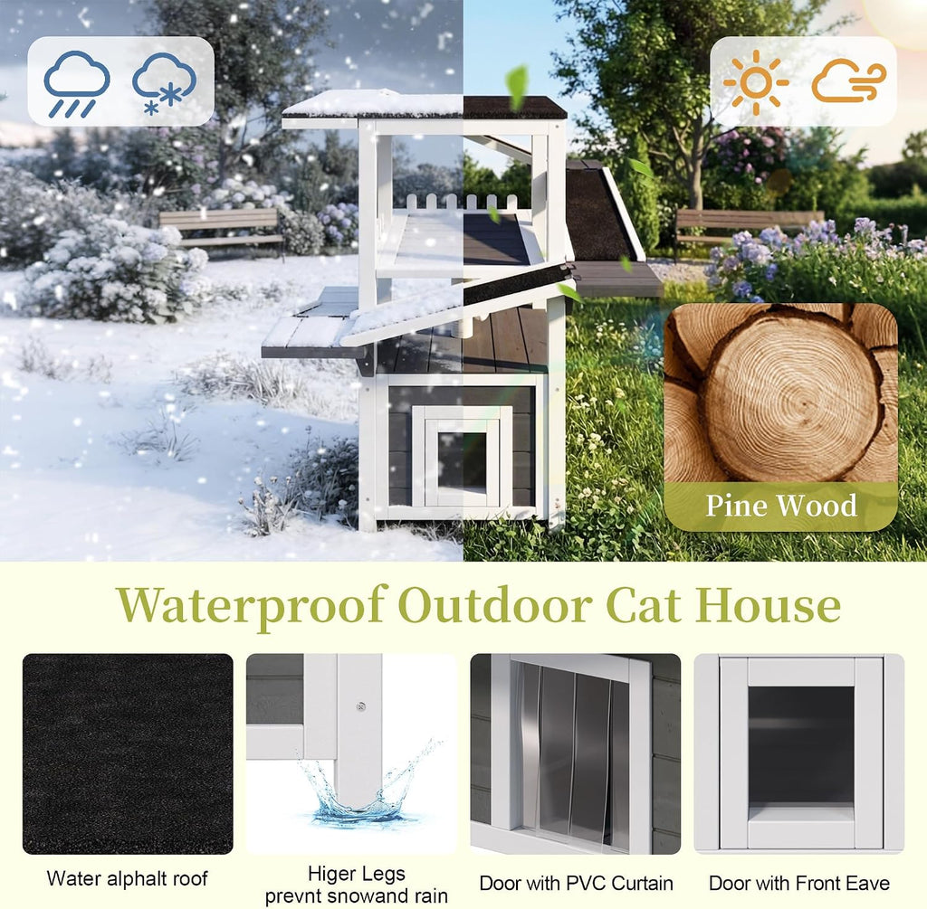 4-Tier Weatherproof Cat House, Wooden Outdoor Cat Tree with Ramps, Balcony and Scratching Post (Grey, White)