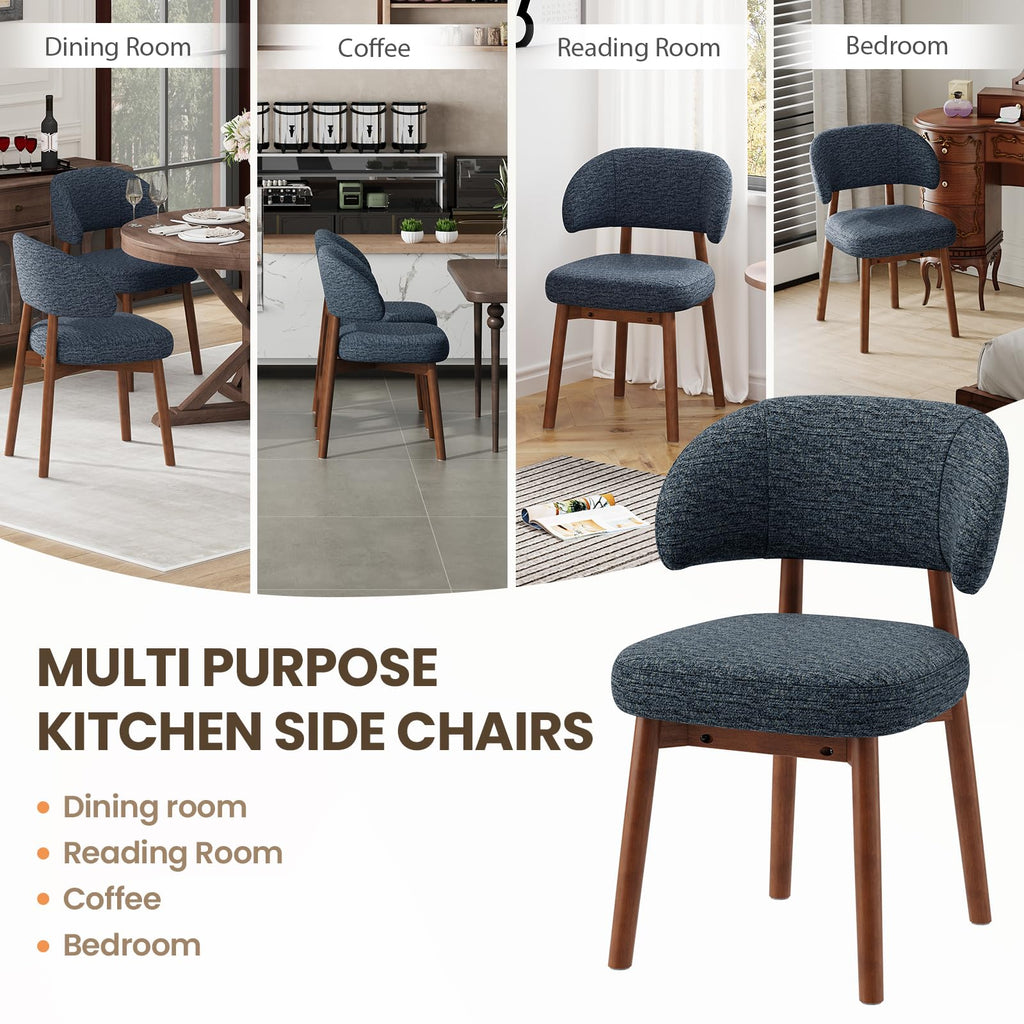 Wooden Set of 2, Modern Upholstered Dining Room Kitchen Side Chairs with Curved Open Back /Restaurant/Cafe, Dark Blue