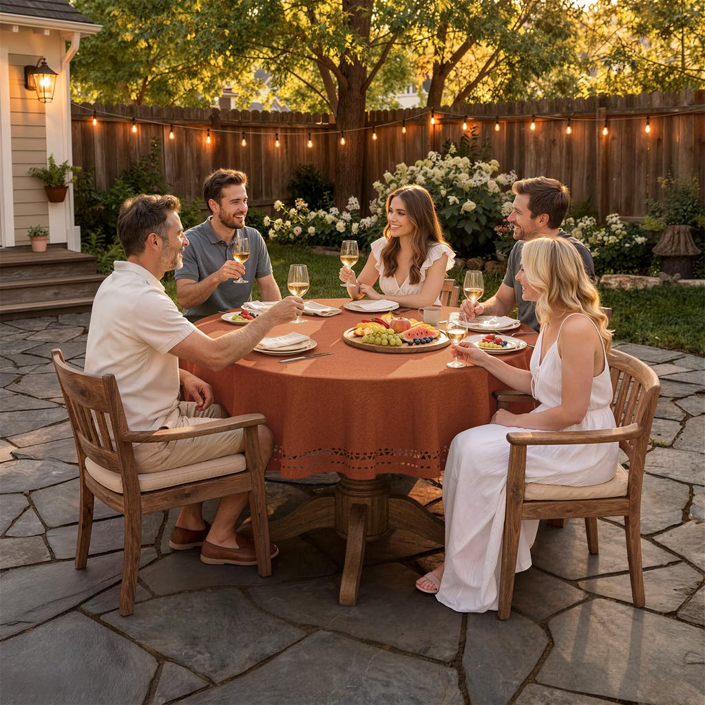 60 Inch Round Fall Tablecloth with Decorative Cutouts Burnt Orange
