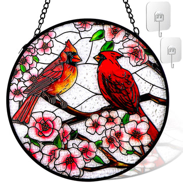 Cardinal Stained Glass Window Hanging, 10 Inch Glass Panel with Metal Chain and Hooks Suncatcher Indoor Window Wall