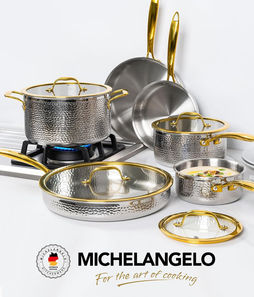 Triply Stainless Steel Pots and Pans Set, 10-Piece Hammered Stainless Steel Cookware Set with Golden Handle, Premium