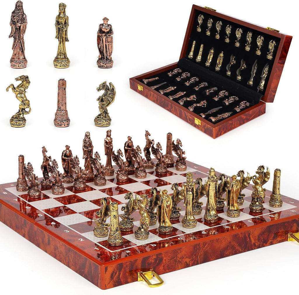 Vintage Figurine Metal Chess Set for Adults and Kids - 15'' Wooden Board with Metal Pieces - Travel Chess Set