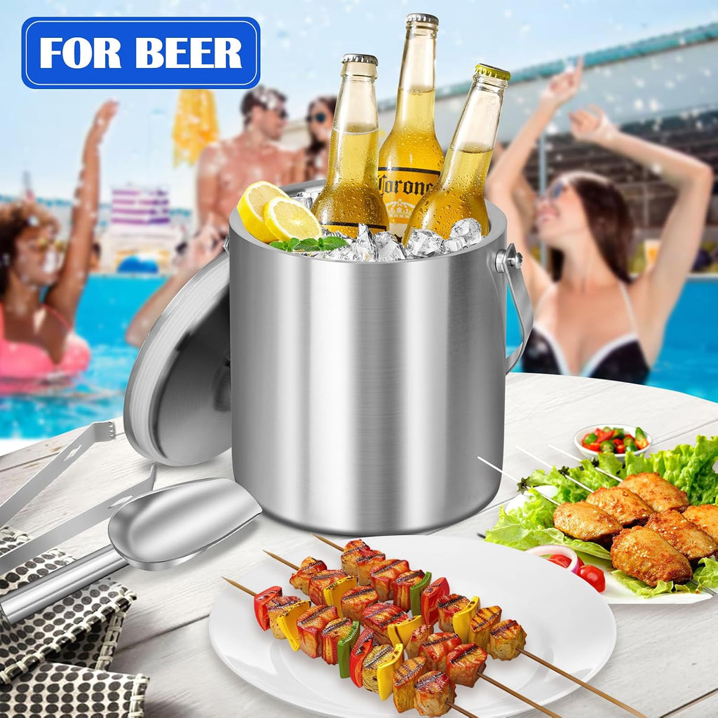 Ice Bucket with Lid & Tong- Well Made Insulated Stainless Steel Keep Ice Frozen Longer