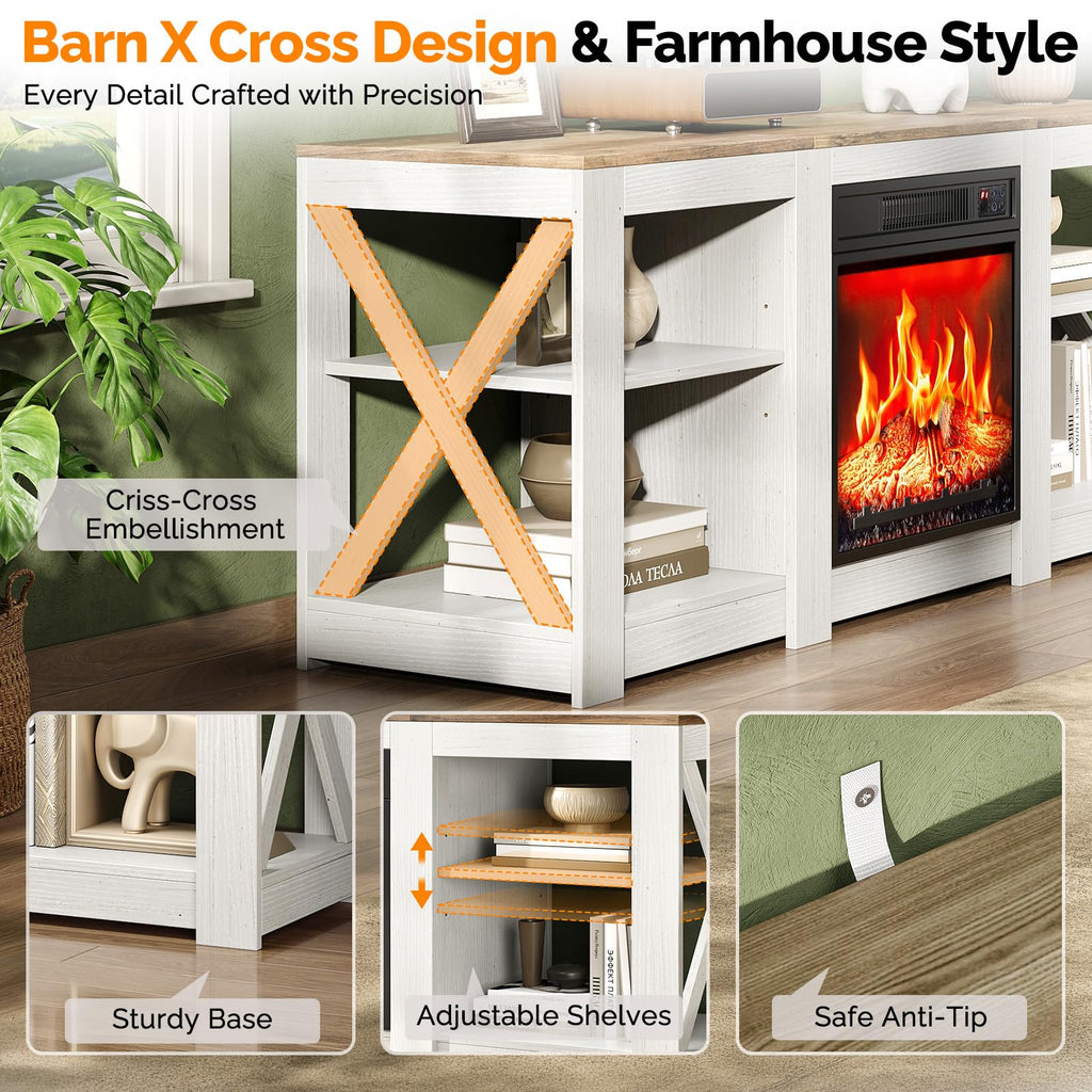 58" Fireplace TV Stand with 4 Adjustable Shelves, White & Barnwood