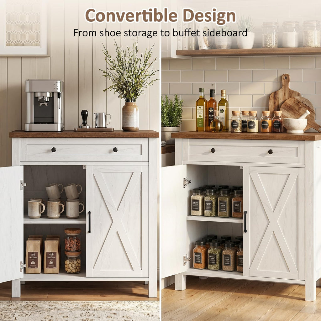 Farmhouse Shoe Storage Cabinet, 5-Tier High Boots Organizer with Adjustable Shelves, Large Drawer & Barn Doors