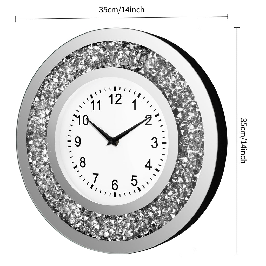 14 Inch Crystal Crushed Diamond Mirrored Wall Clock - Sparkle Twinkle Bling Wall Clock Silver Round Clock Decor