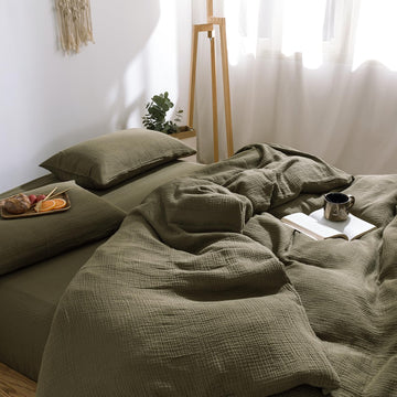 Olive Green Waffle Weave Duvet Cover Set King, 3-Piece 100% Natural Washed Cotton Triple-Layer Gauze Solid Bedding