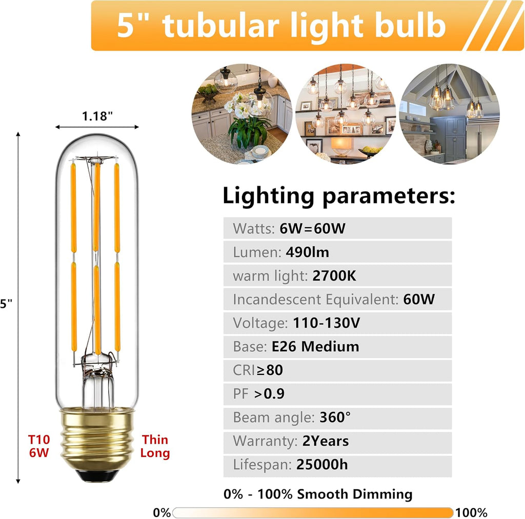 T10 E26 LED Bulb 60W Equivalent 2700K Dimmable, 6 Pack