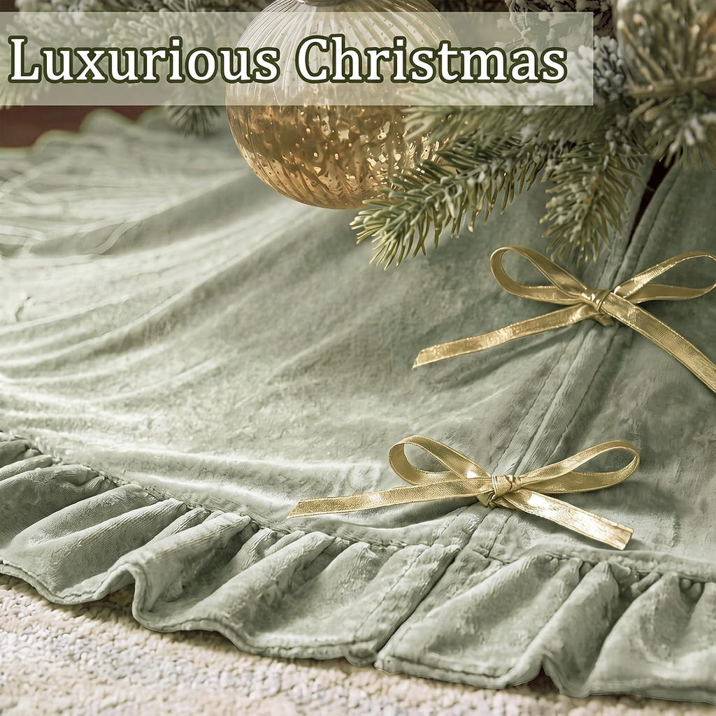 Velvet Christmas Tree Skirt, 48 Inches, Bow Style, Sage Green