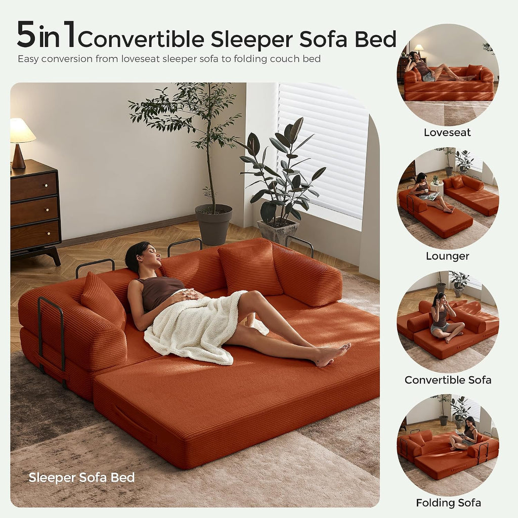 79" Convertible Futon Sofa Bed, Boneless Couch | Orange | Folding Corduroy Boneless Sleeper Sofa, Modular Futon Couch