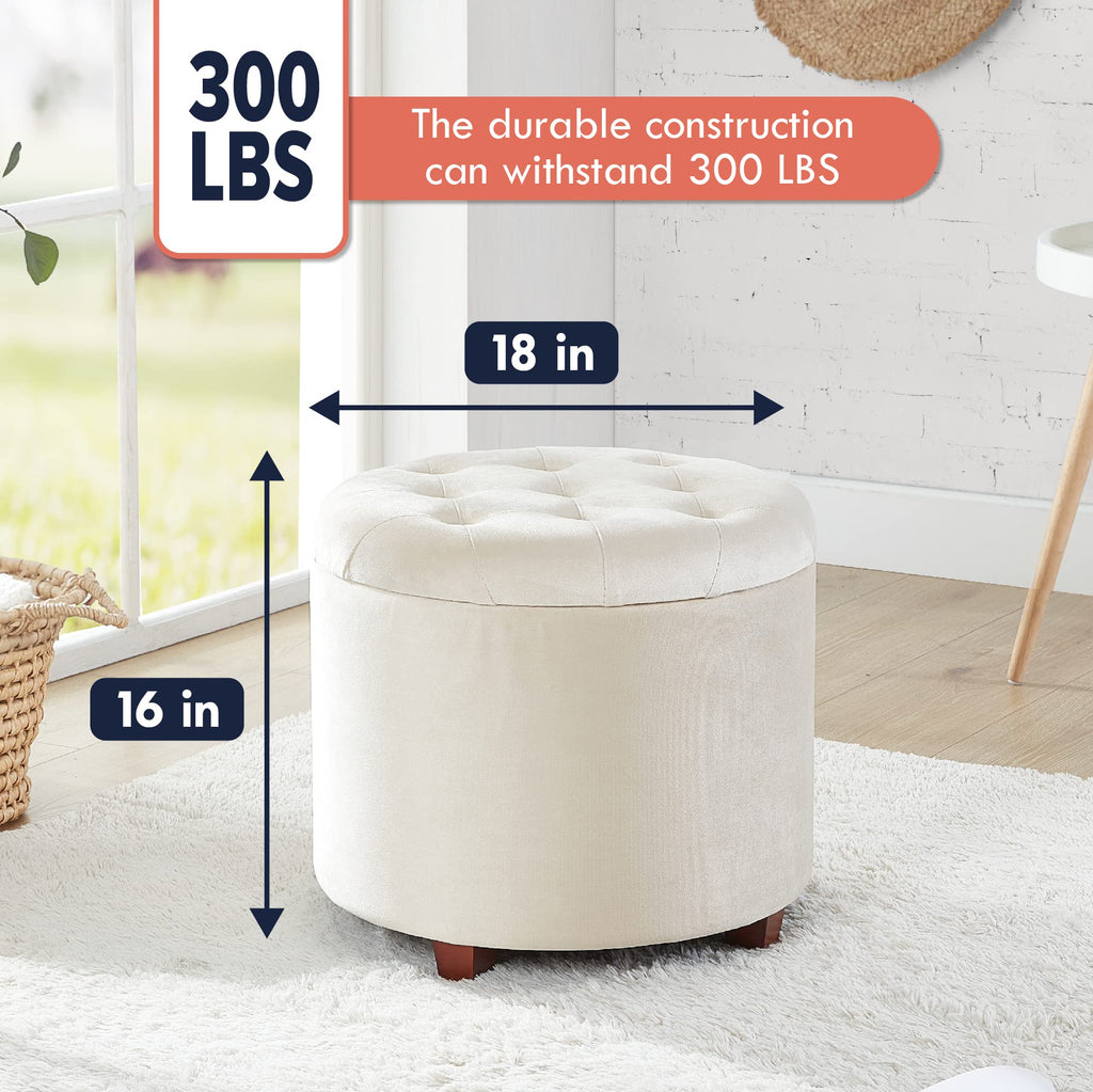 18" Round Storage Ottoman with Lid, Holds 300 lbs, Cream