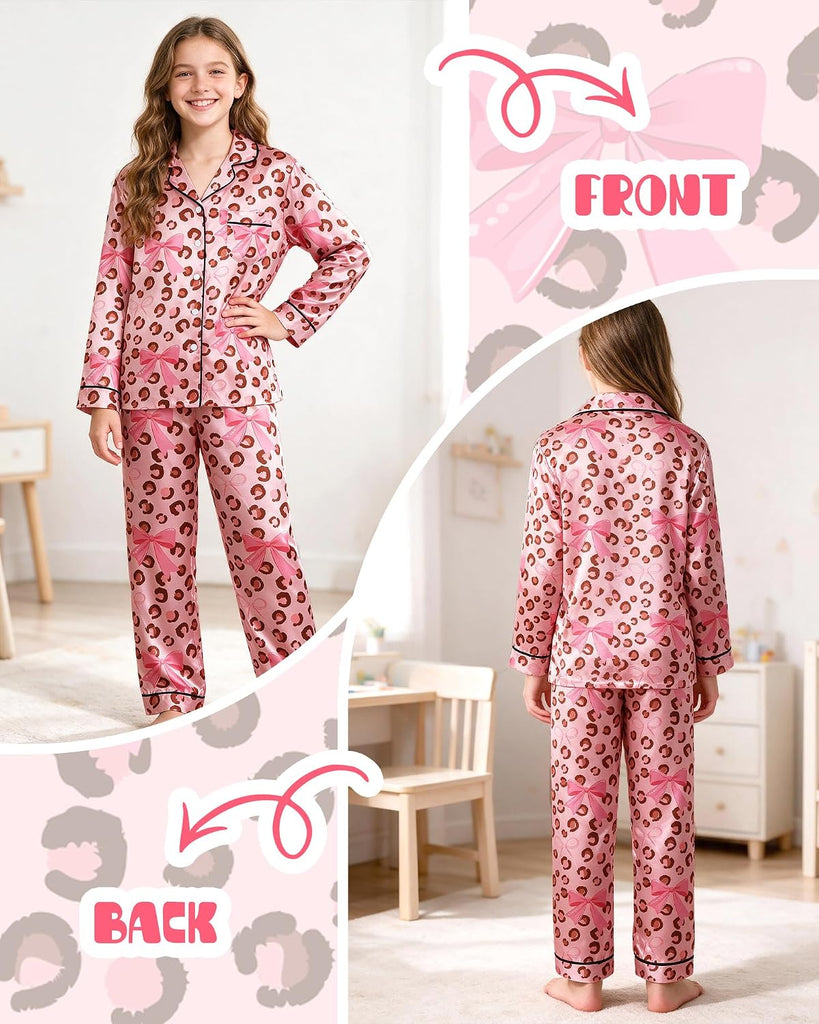 Pajamas Cute Girls Silk Pj Set Long Sleeve and Pants Button Down Sleepwear Lounge Sets for Kids