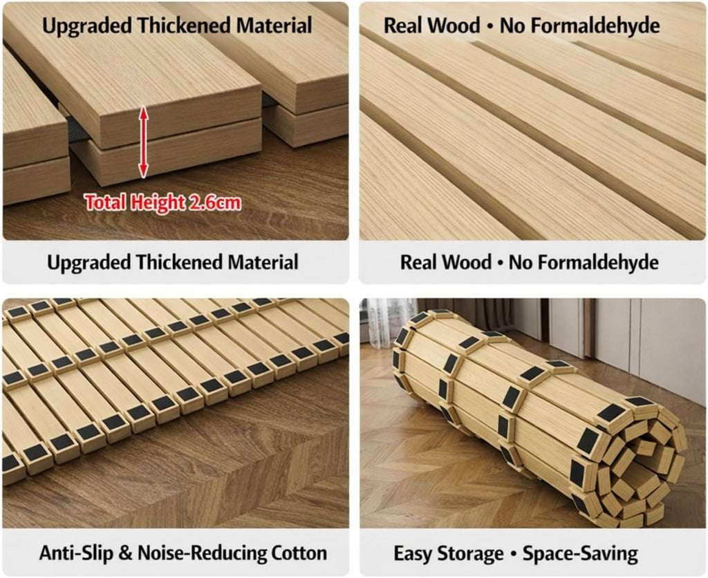 Scandinavian Natural Wood Slatted Roll-Up Bed Base, Japanese Tatami Style Platform, 74.8x31.5 Inch