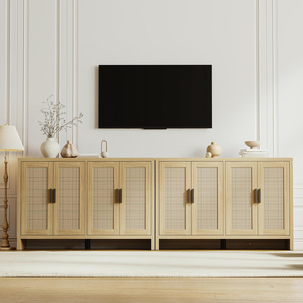 Rattan Buffet Cabinet with Storage, Sideboard with Doors, Console Table, Farmhouse Coffee Bar, Modern Wood Long