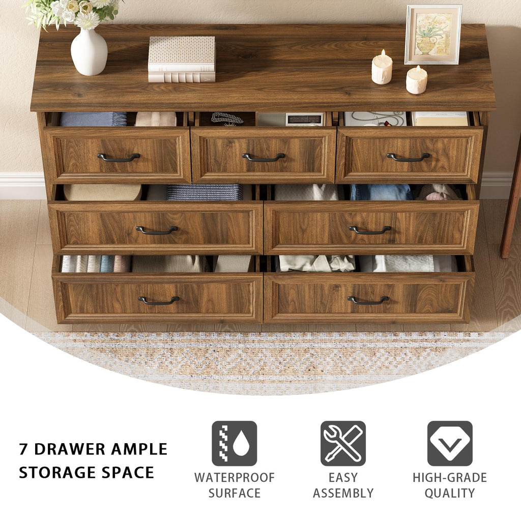 Farmhouse 7 Drawer Dresser, 55" Walnut Dresser with TV Stand
