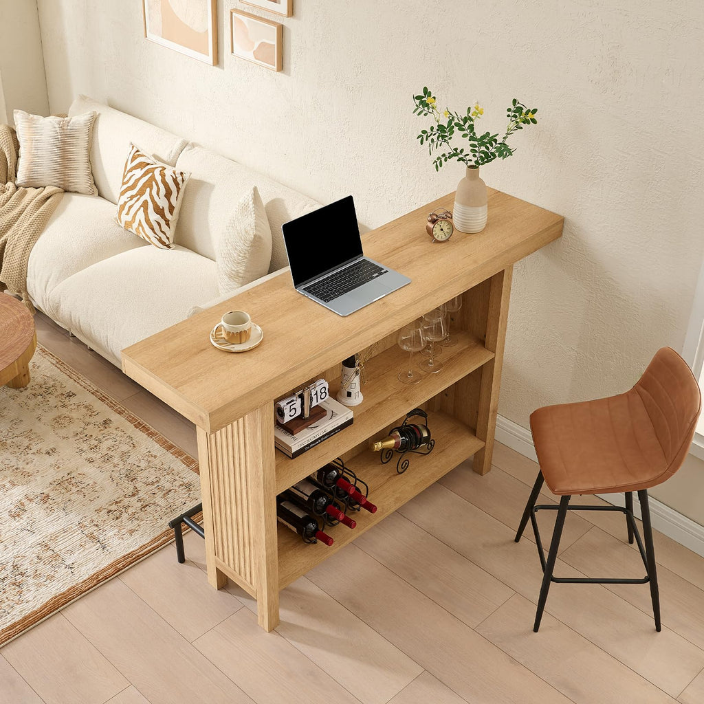 63-Inch 2-Tier Bar Table with Footrest, Oak