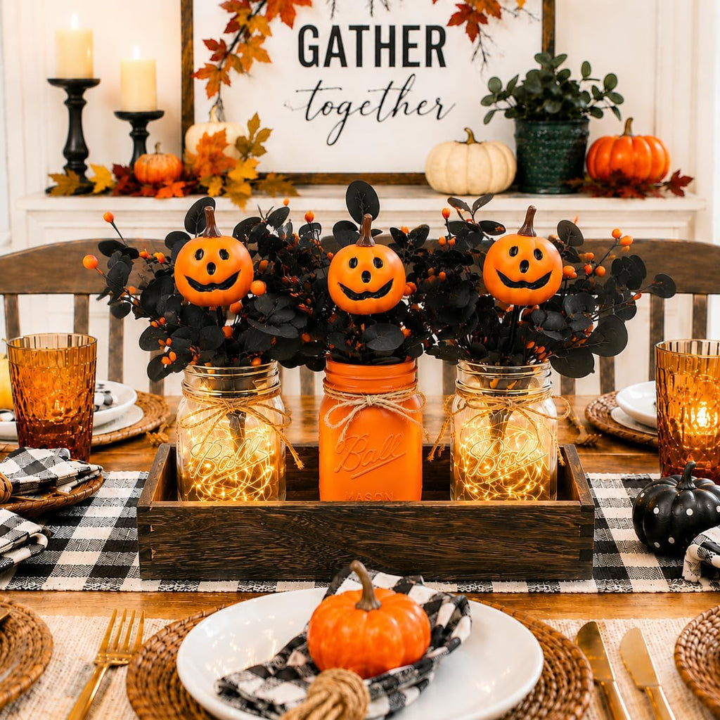 Lighted Halloween Table Centerpiece, Pumpkin Mason Jar Decorations - Set of 9